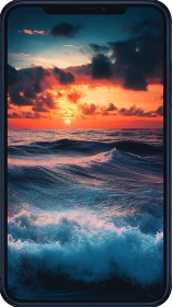 Photorealistic ocean sunset on bezel-framed smartphone display.