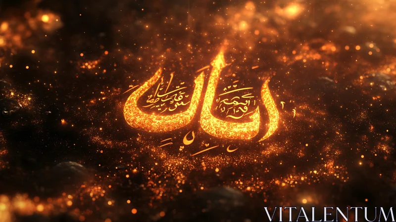 Glowing Arabic calligraphy radiates amid golden cosmic dust.