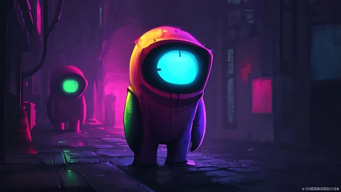 Neon-suited astronaut figures in moody cyberpunk alleyway.