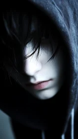 High-contrast close-up portrait of hooded youth in shadow