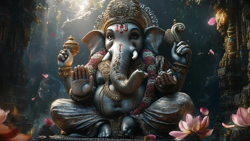 Serene Ganesha idol glows amid lotus petals and temple light