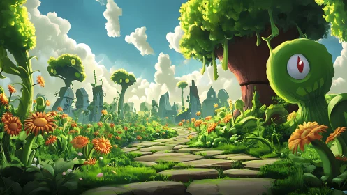 Whimsical sunflower path winding through watchful fantasy ruins.