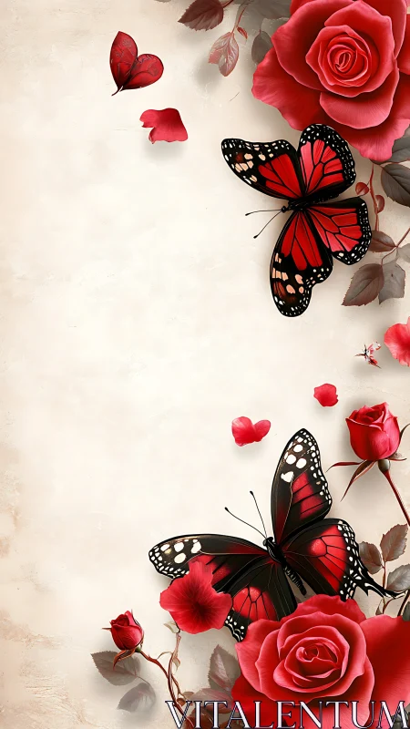 Red butterflies with roses on neutral textured background.