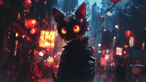 Neon soaked alley frames stitched cat figure with glowing eyes