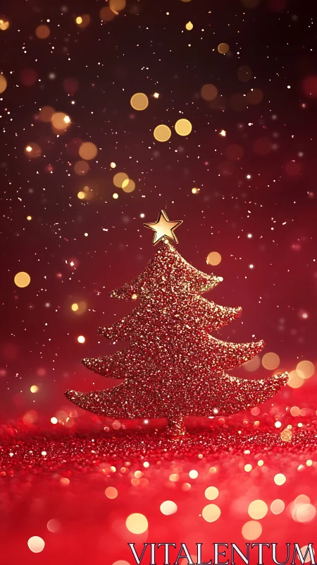 Glittering red Christmas tree silhouette under golden bokeh.