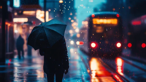 Umbrella nomad waits as neon rain hums around the tram.