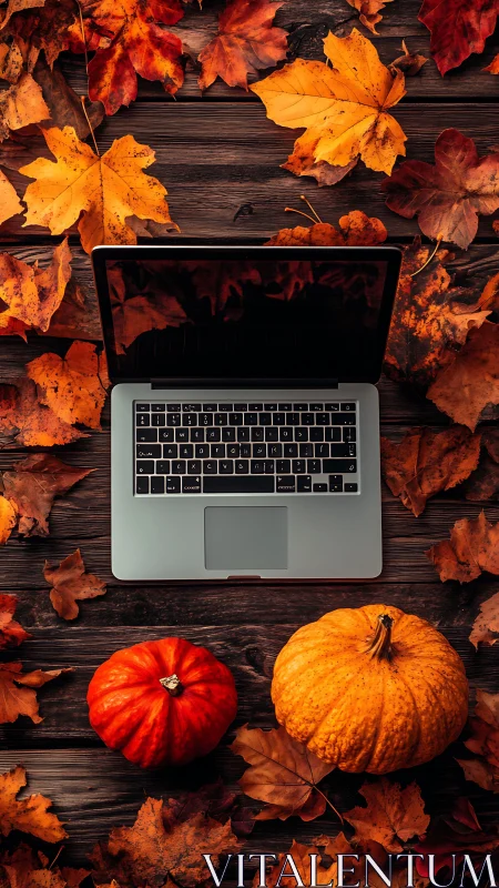 Autumn desktop workspace with laptop, pumpkins and maple leaves.