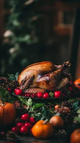 Roasted whole turkey sits on platter with berries and gourds