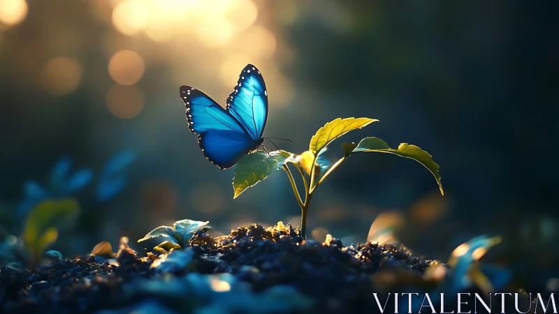 Vibrant blue butterfly on young plant in soft morning sunlight.