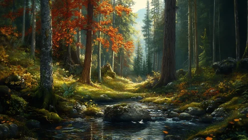 Autumn Forest Stream Through Golden Sunlit Trees.