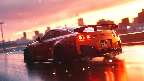 Red sports car powers through neon sunset city highway