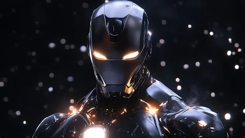 Midnight mech guardian glowing softly in drifting starlight.