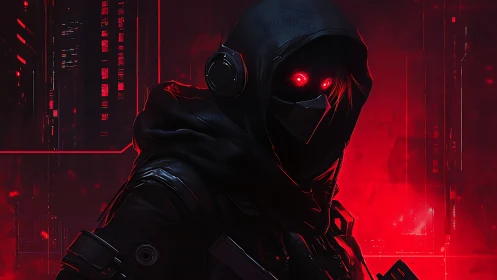 Cyber assassin stalks neon-infused crimson cityscape.
