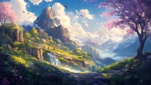 Sunlit adventurers cross a blooming valley beneath jagged peaks