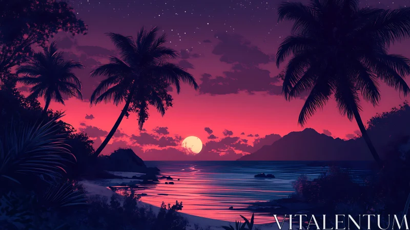 Neon dusk tropical bay with silhouetted palm shoreline.