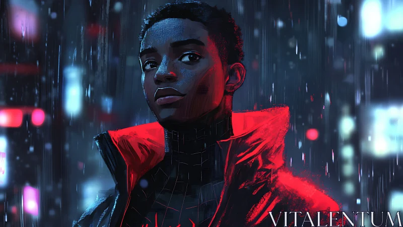 Neon city rain and a quiet young hero in red glow.