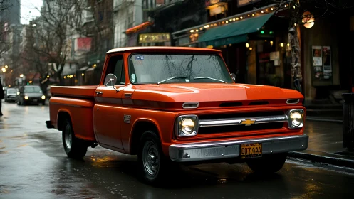 Vintage orange pickup truck is parked on a wet city street