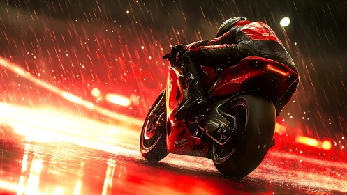 Night rain racetrack ride glowing with neon red light.