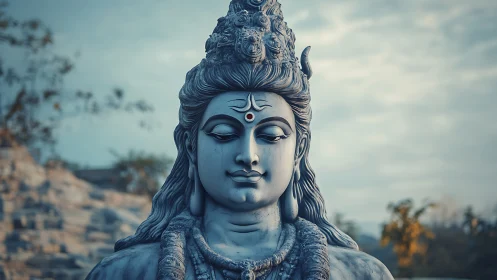 Serene stone Shiva sculpture under soft evening sky.