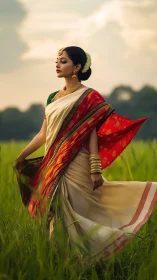 Monsoon meadow muse in swirling cream and ember sari grace.