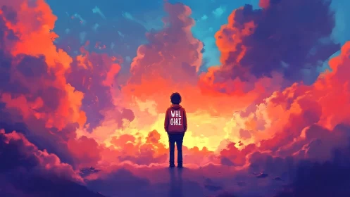 Sunset dreamer standing in a sea of glowing clouds.