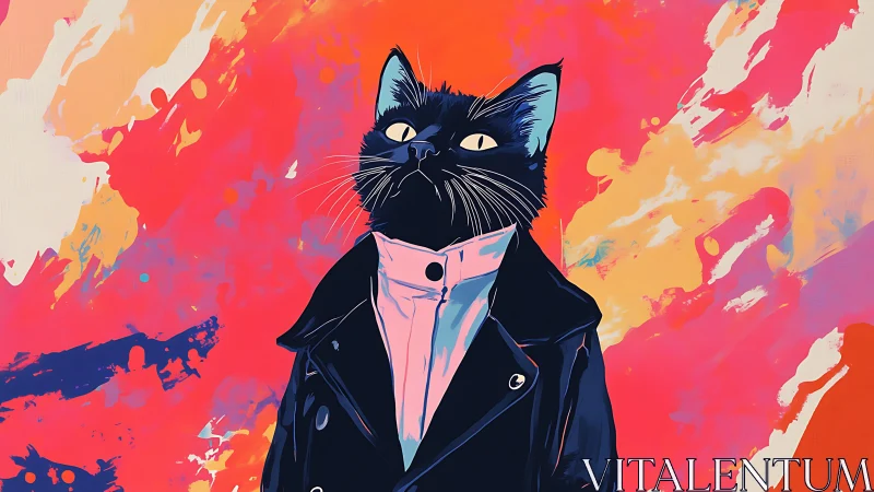 Stylized Black Cat in Jacket Against Vibrant Abstract Background.