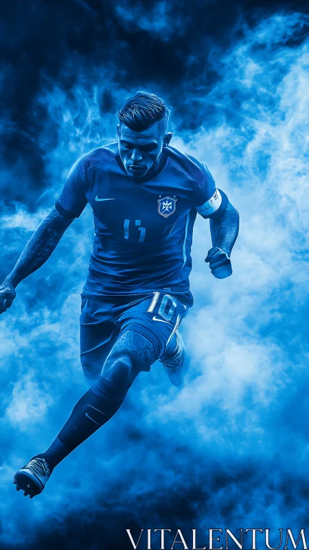 Dynamic blue-tinted footballer sprinting through dense smoke