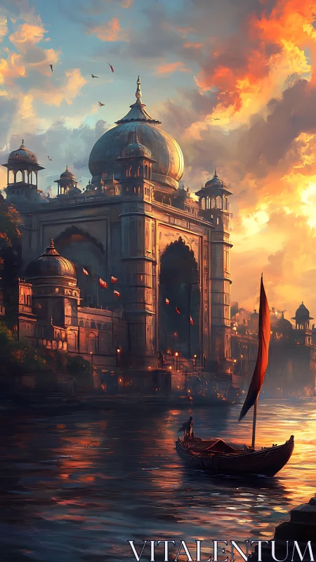 Sunlit riverside palace glowing beneath a dreamy sky.