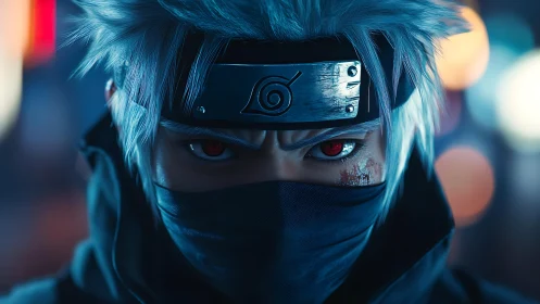 Mystic masked ninja gazing through neon city twilight.