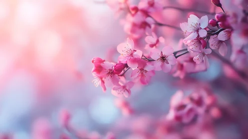 Soft pink cherry blossoms glow in dreamy spring light.