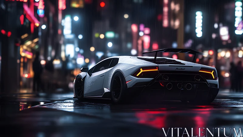 White supercar sits on wet neon city street at night