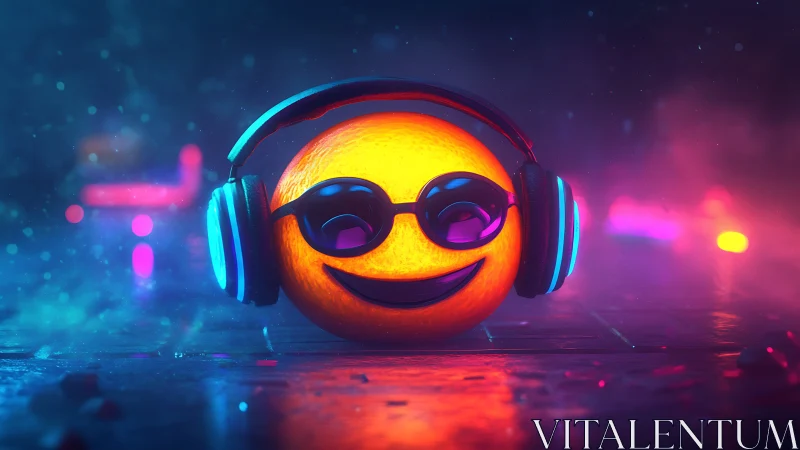 Neon smiley emoji with headphones in cyber club glow.