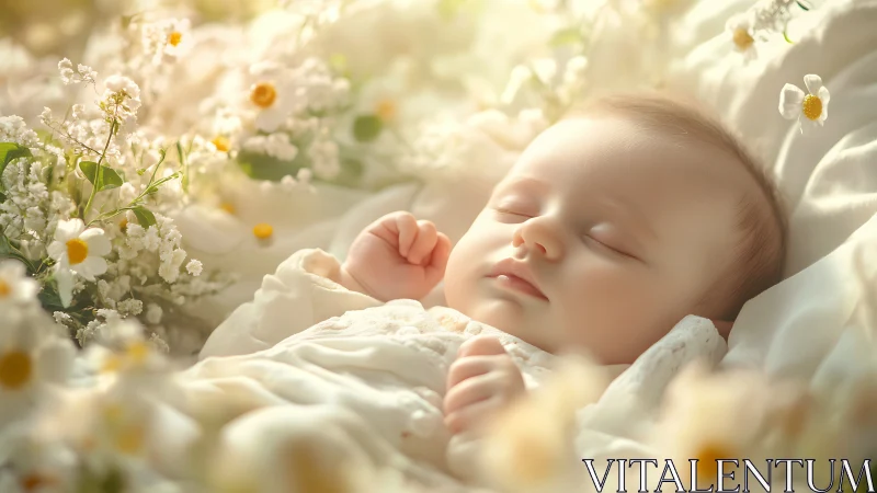 Peaceful newborn sleeping among gentle white daisies. Sweet dreams.