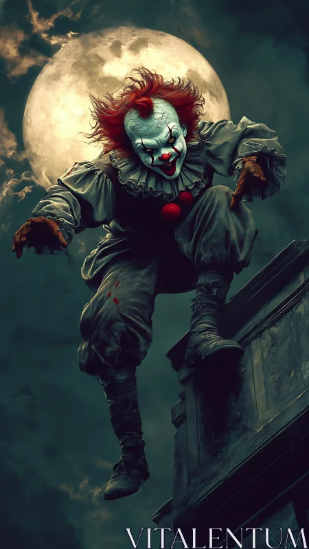 Sinister clown leaping before full moon, cinematic horror scene.