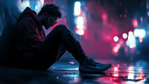 Solitary figure sits in a neon soaked alley, lost in thought