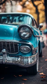 Turquoise classic car close-up with chrome grille and bumper.