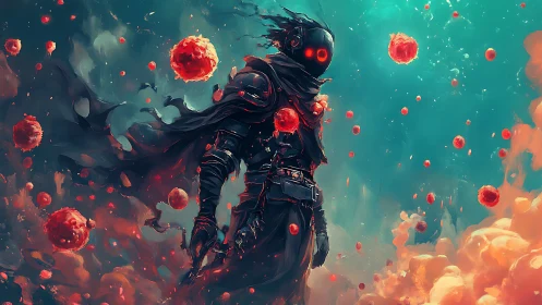 Dark cosmic warrior amid fiery orbs in swirling nebula.