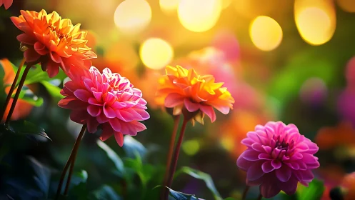Radiant Dahlias Dance in Golden Bokeh Symphony.