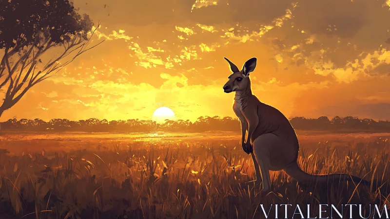 Golden sunset frames solitary kangaroo on tranquil grassland.