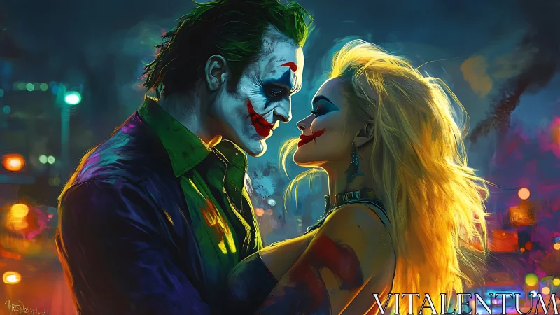 Clown lovers lock eyes amid neon chaos and burning skyline.