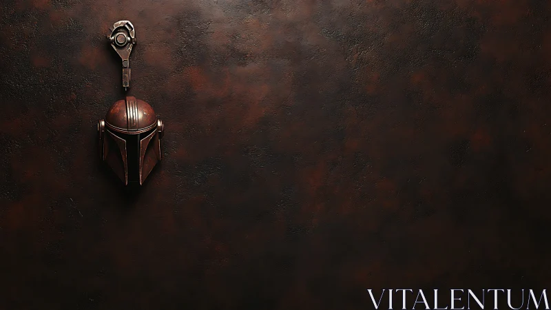 Weathered sci‑fi helmet resting on a shadowy metal wall.