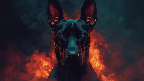 Infernal black dog portrait against blazing firestorm.