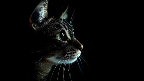 Tabby Cat Portrait with High Contrast Rim Lighting Against Deep Black