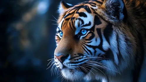 Blue-eyed tiger portrait in dramatic cool lighting focus.