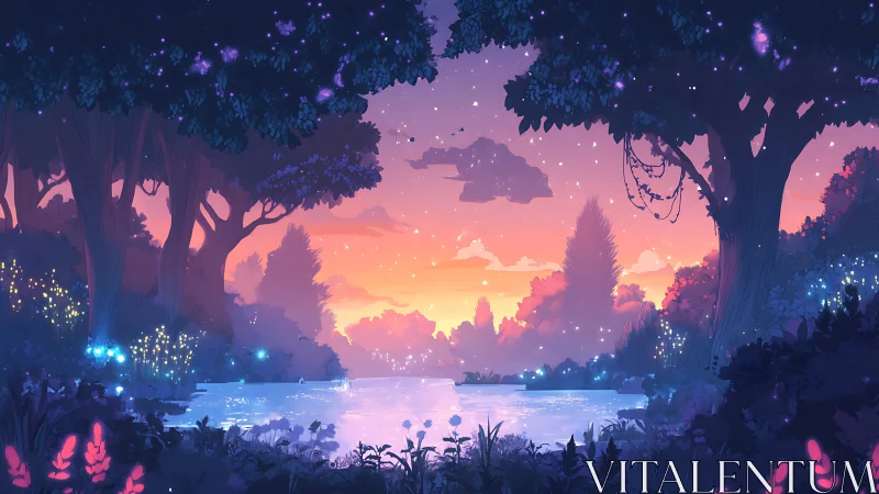 Enchanted forest lake glows softly beneath a dreamlike sunset