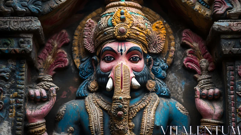 Ornate Ganesh relief sculpture in rich teal and ochre tones.