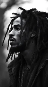 Side profile portrait of man with dreadlocks outdoors.