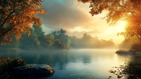 Golden sunrise over tranquil misty forest lake panorama.