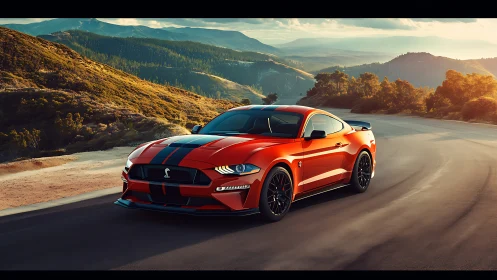 High-performance red sports coupe rendered on sunlit mountain road