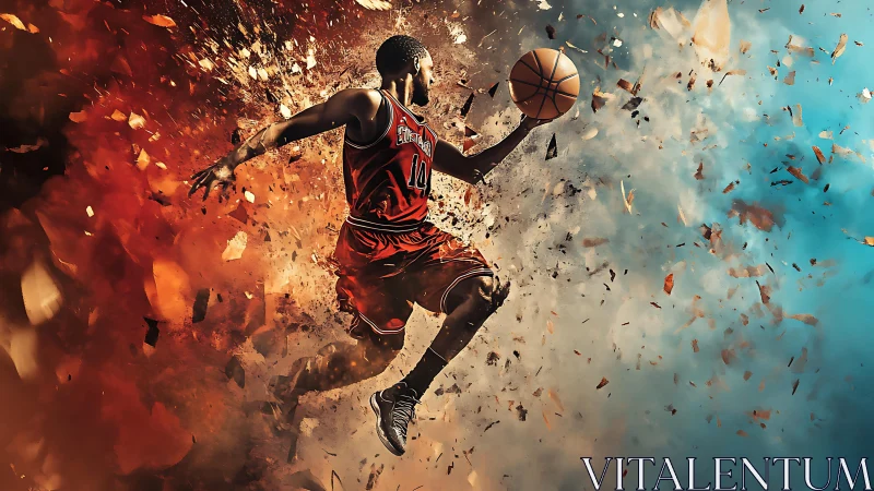 Basketball comet tears through blazing shards of sky and color